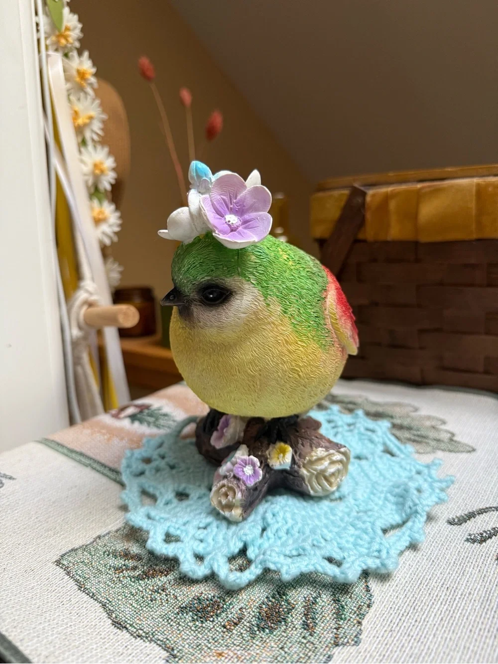 Colorful Decorative Bird Figurine with Pastel Floral Accents -Green, Red, Yellow